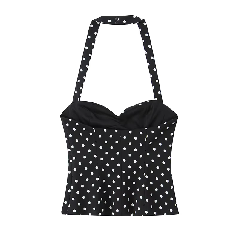 Haut pour femme, nouveau style été 2026, couleur unie, décor à pois, col halter, haut sexy, style va