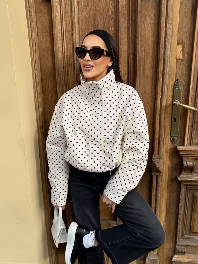 Blouson Bomber Femme Tendance à Pois, Veste Longue Ample à Manches Longues pour le Printemps, Mantea