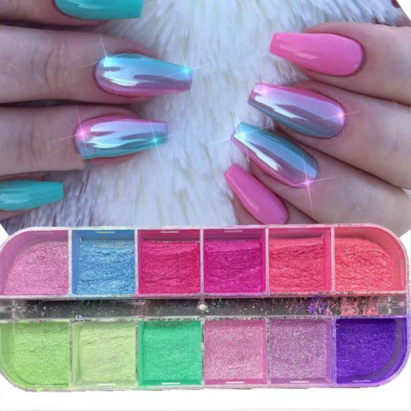 12 grilles/boîte de paillettes pour ongles, effet miroir coloré, poudre de perle de sirène scintilla