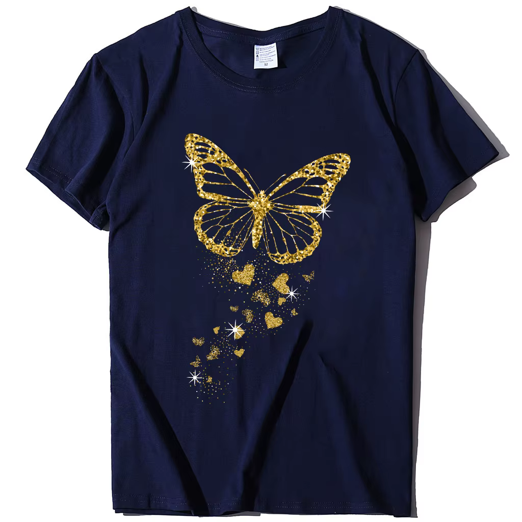 Papillon doré imprimé femmes t-shirt à manches courtes col rond femmes t-shirt dames t-shirt hauts v