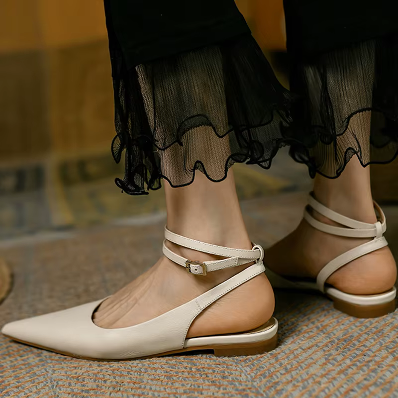 Sandales en Cuir group pour Femme, Chaussures Plates Beige Abricot, Fermées, Pointues, Slingbacks, P