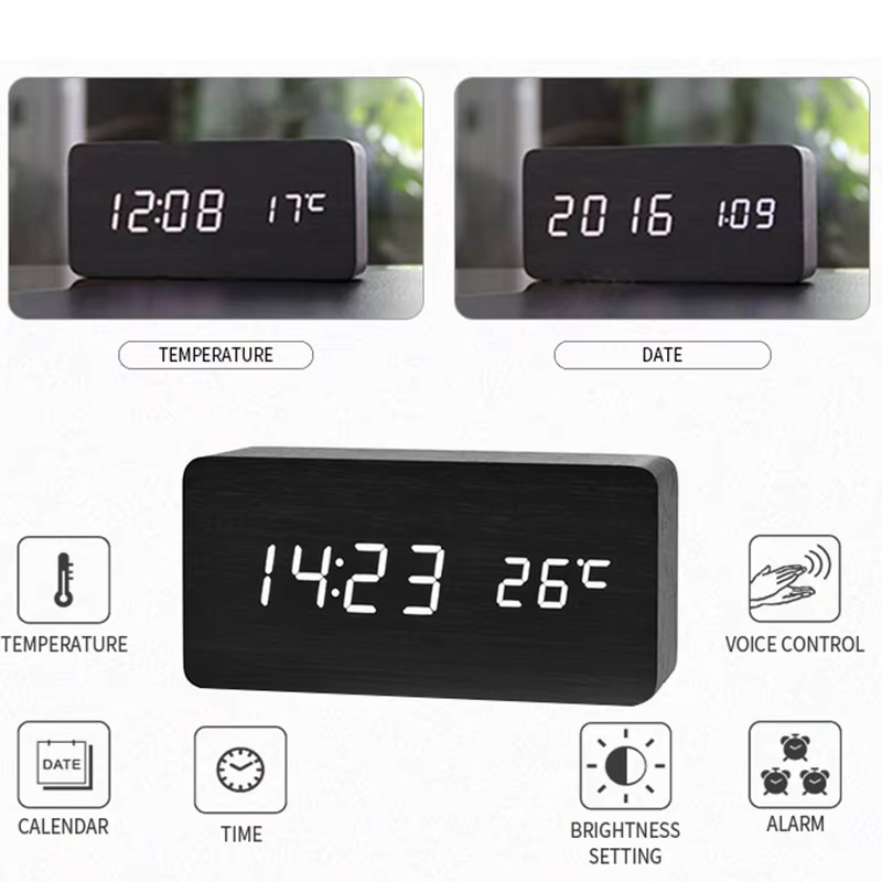 Réveil numérique en bois, réveil LED avec température, horloges de bureau pour bureau, horloge de ch