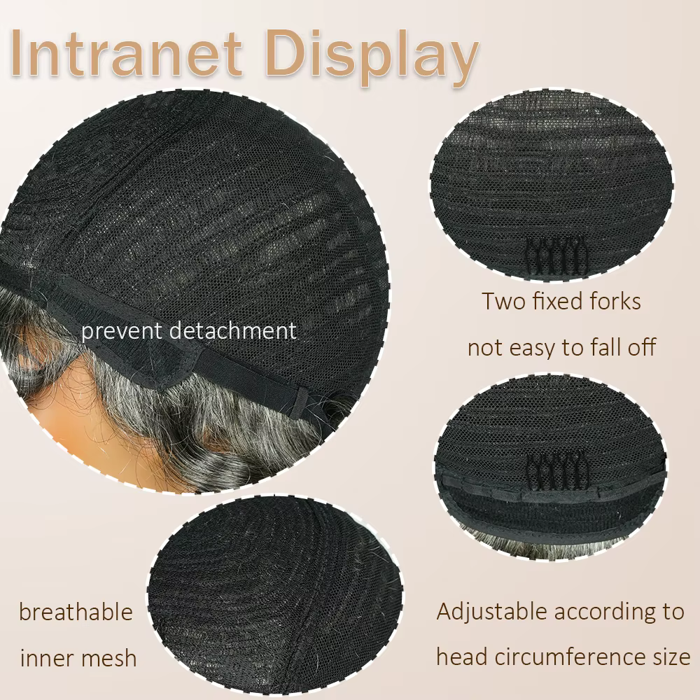Perruques en cheveux humains coupés pixie, sel et poivre, pour femmes, cheveux gris, noir mélangé av