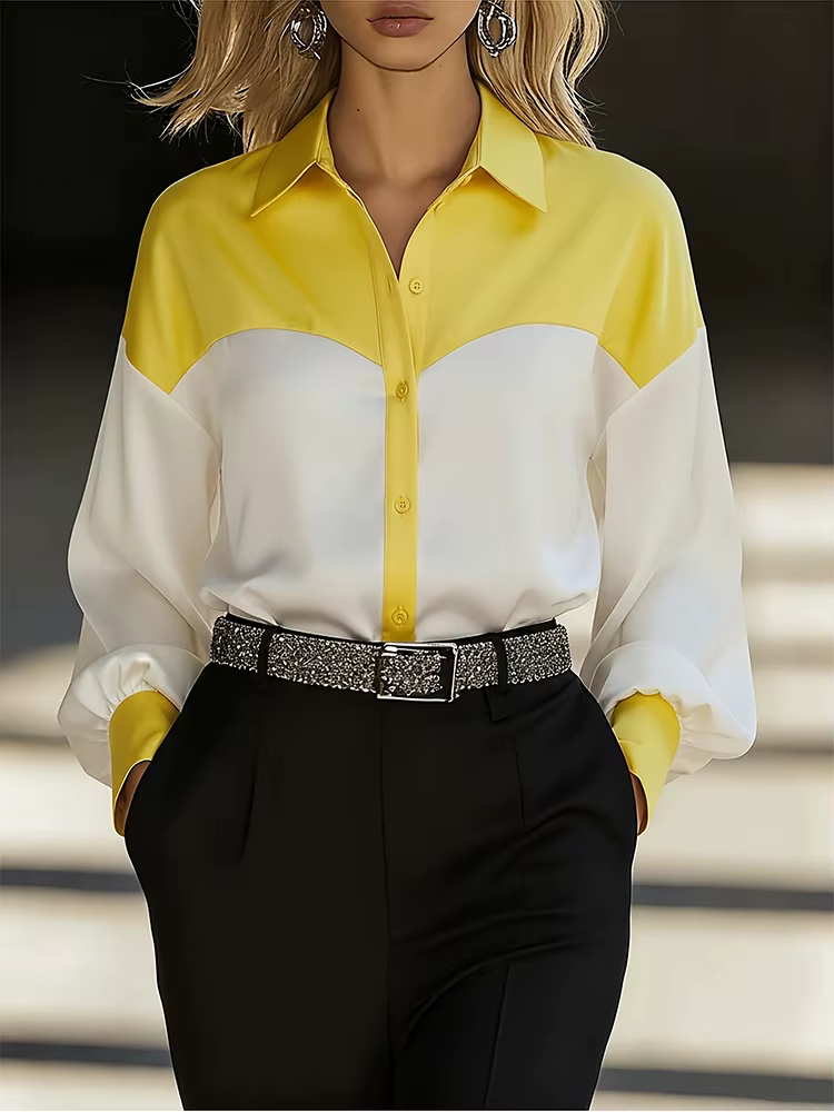 Chemise à manches longues pour femme, col rabattu, bouton, bloc de couleur, patchwork, décontractée,