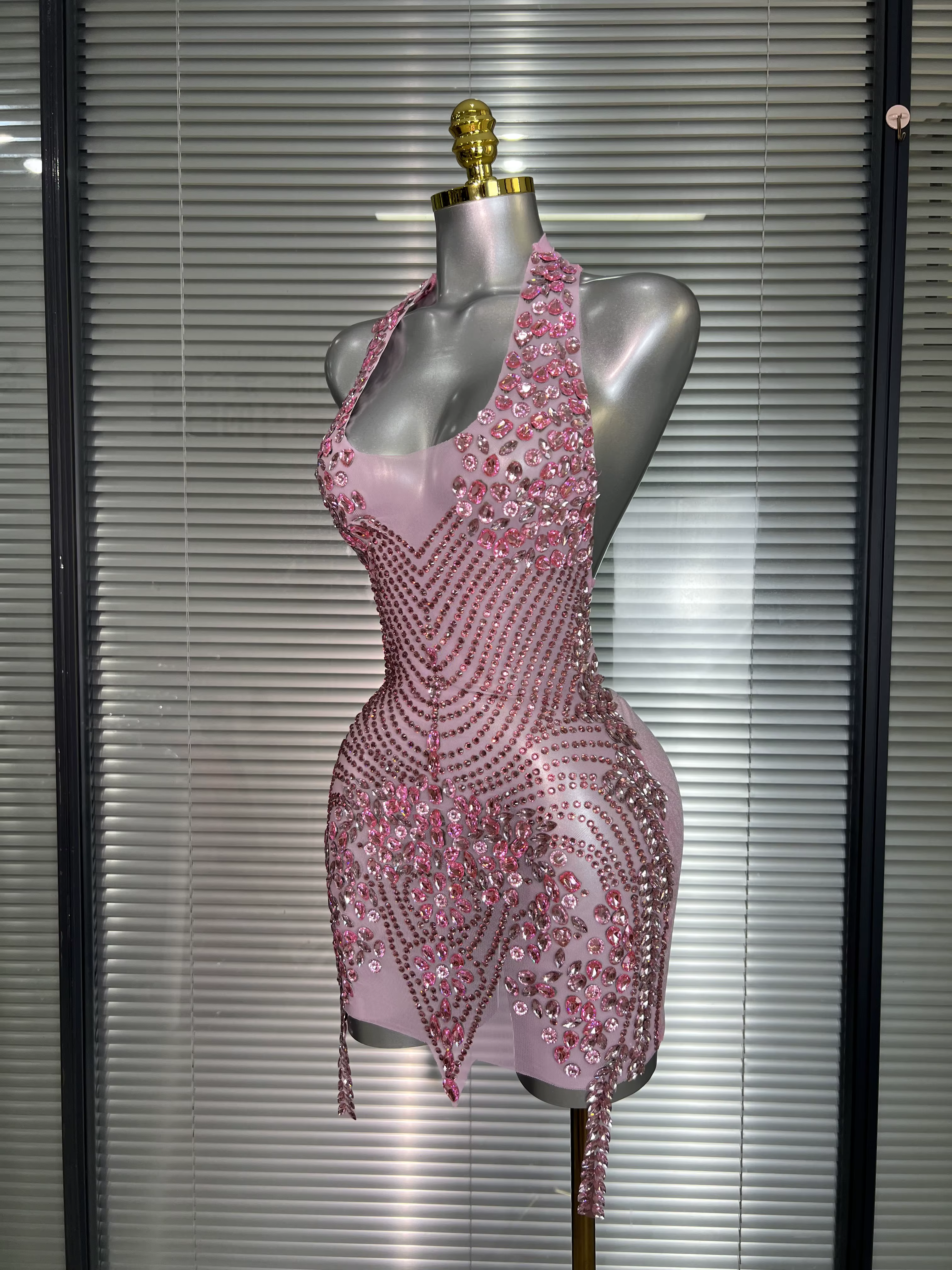 Célébrité nouvelles femmes Sexy rose maille licou scène Performance Costume danseuse chanteur boîte 