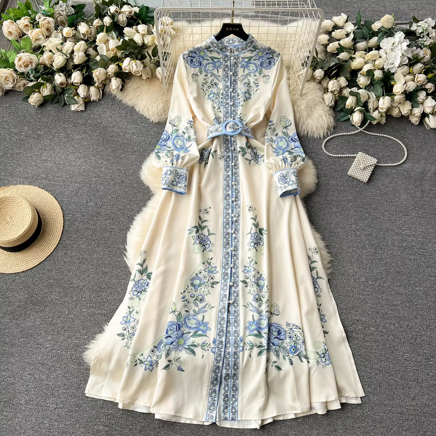 Robe Longue à Col Montant pour Femme, Manches Lanternes, Imprimé Floral, Simple Boutonnage, Ceinture