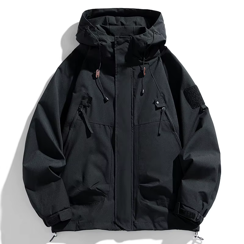 Coupe-vent hommes veste à capuche manteau à glissière Cargo imperméable noir Bomber Camping ample mi