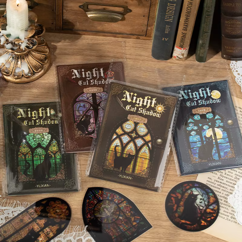 Autocollant décoratif rétro en PVC, série Dark Night Cat Shadow Season, mignon et charmant, 8 paquet