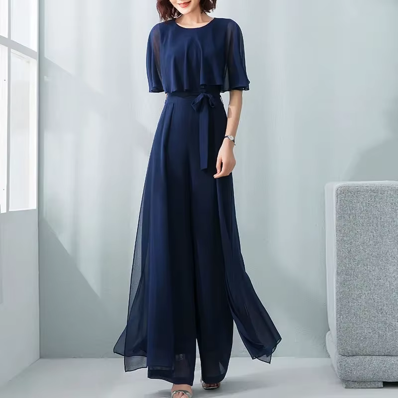 Combinaison longue en mousseline de soie pour femmes, manches feuille de Lotus, ensemble à jambes la