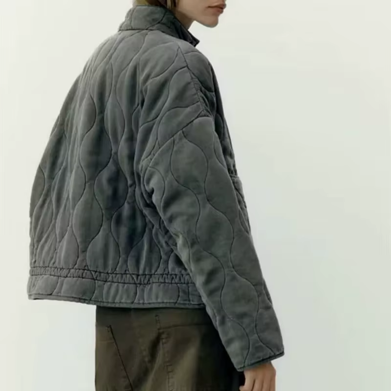 Nouvelle veste en coton pour femme 2025, style ample vintage, col montant, fermeture éclair, grandes