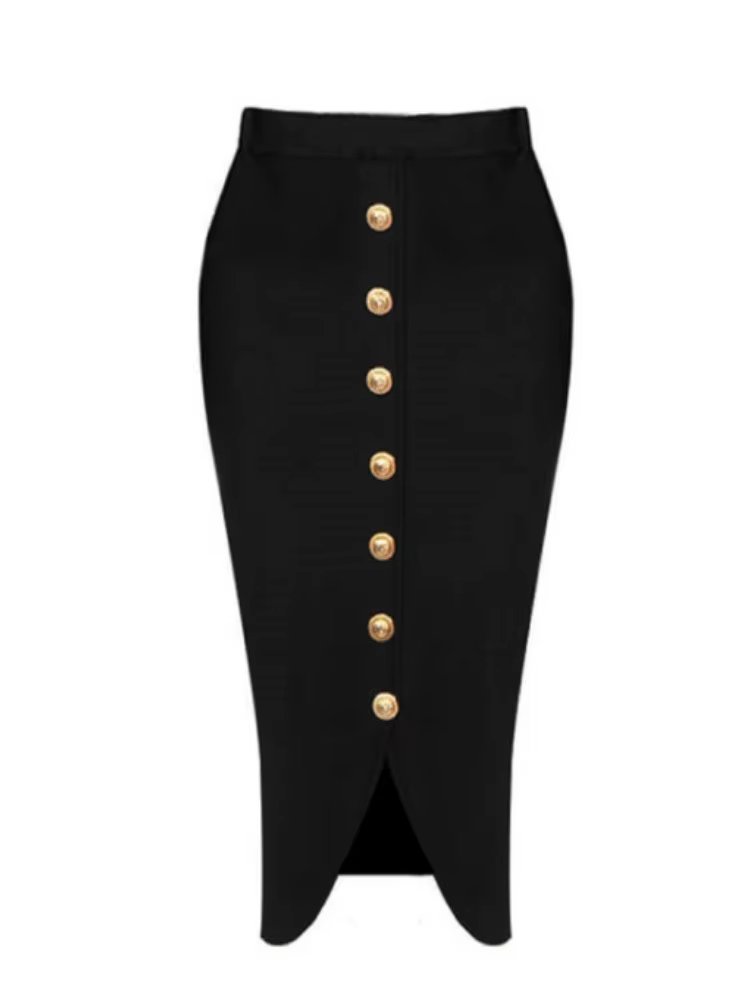 Jupe mi-longue noire à bandes pour femmes, moulante, de styliste, taille haute, fête, bureau, élégan