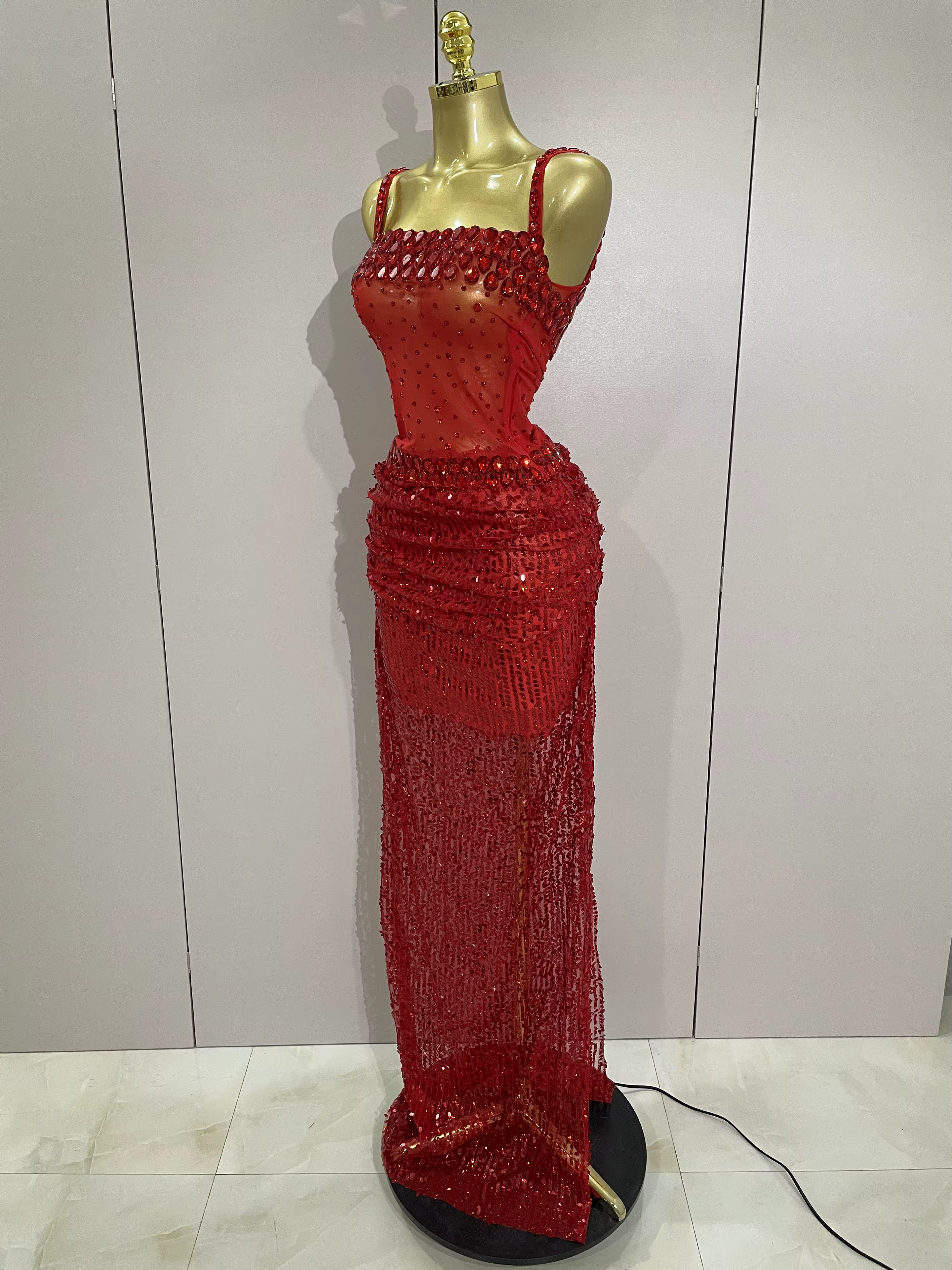 Robe longue 2 pièces transparente et sexy avec strass rouges scintillants et paillettes, pour femmes