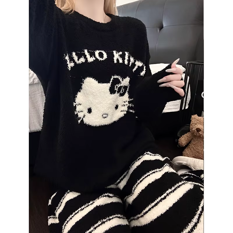Hello Kitty deux pièces ensemble de pyjamas femmes noir 2025 hiver blanc contraste rayé moelleux déc
