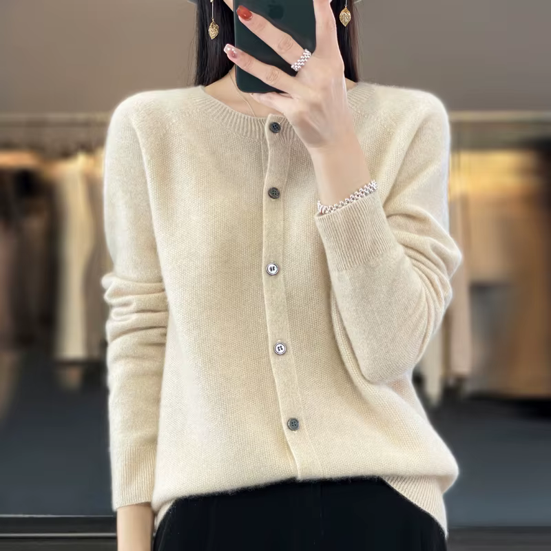Femmes 100% laine mérinos pull automne hiver col rond première ligne sans couture Cardigan à manches