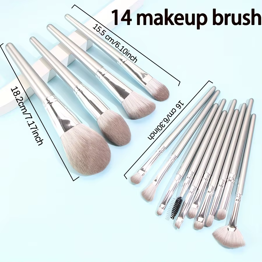 Ensemble de pinceaux de maquillage professionnels argentés de 14 pièces |   Comprend 2 bouffées en v