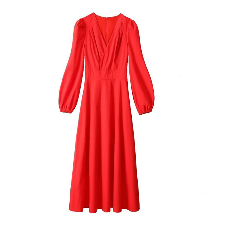 Robes trapèze élégantes col en V à manches longues, robe unie rouge princesse Kate