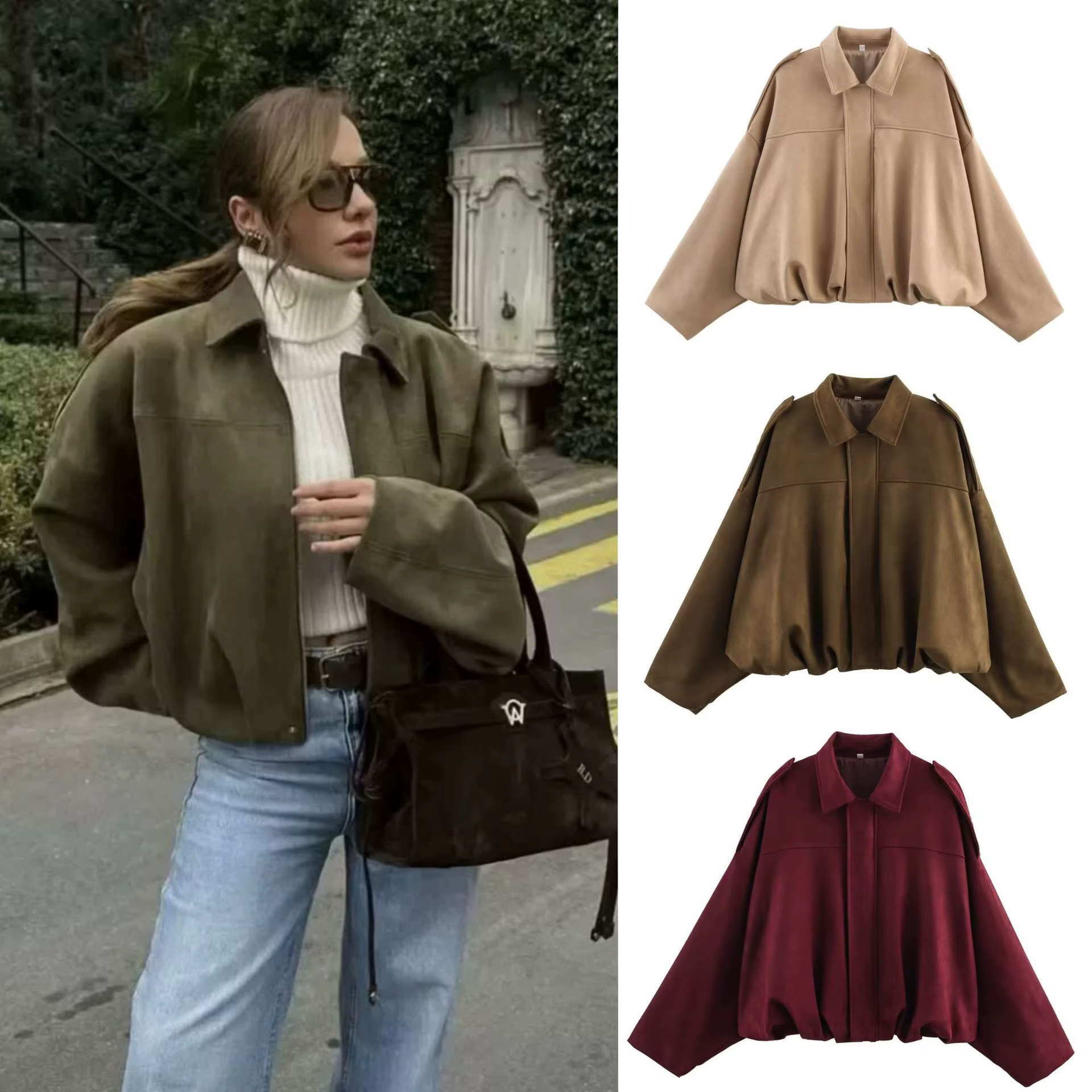 Blouson aviateur pour femme avec manches chauve-souris et fermeture éclair, haut décontracté