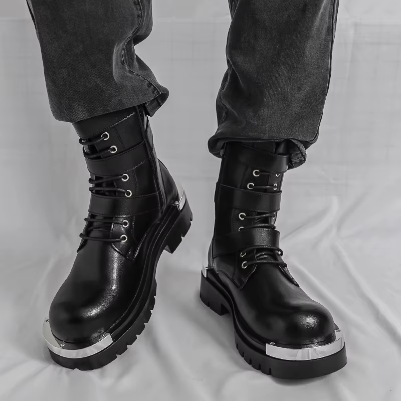 Bottes Chelsea pour hommes, couleur unie, semelle épaisse, hauteur augmentant, haut en métal, gros o