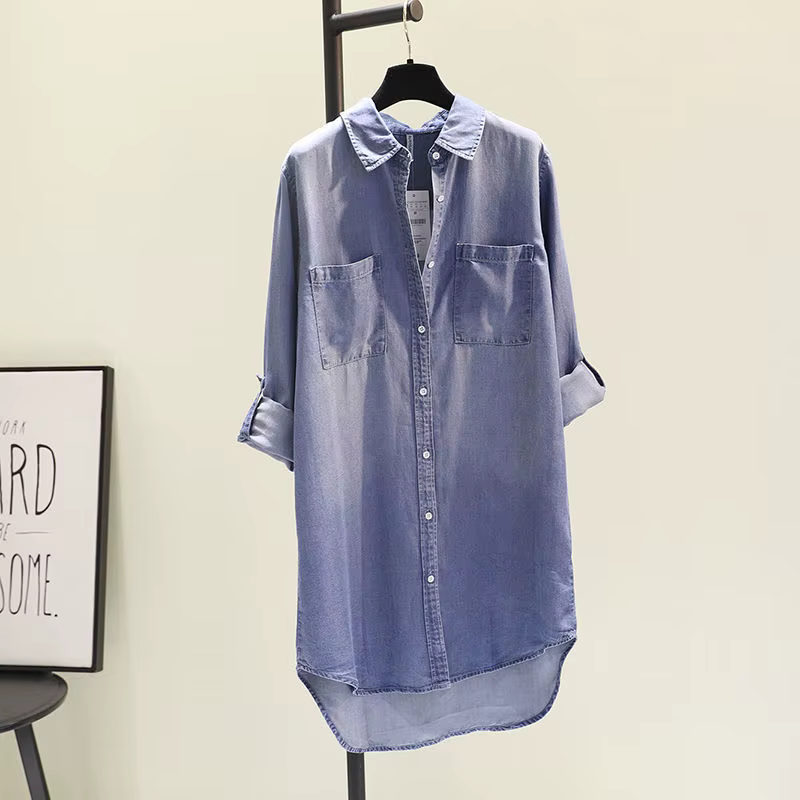 Chemise mi-longue contenant du coton pour femmes, vêtements à la mode, coupe ample, manches longues,
