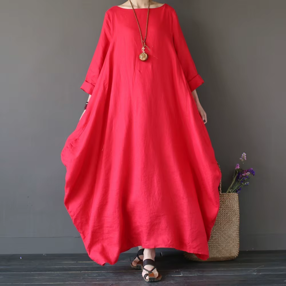 Robe longue en coton et lin pour femmes, mode coréenne, manches longues, col rond, Maxi caftan, Vint
