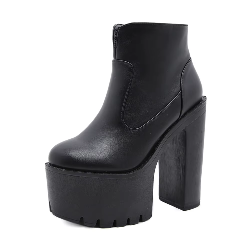Gdgydh femmes couleur unie bloc bottes à talons mode côté fermeture éclair plate-forme bottes courte
