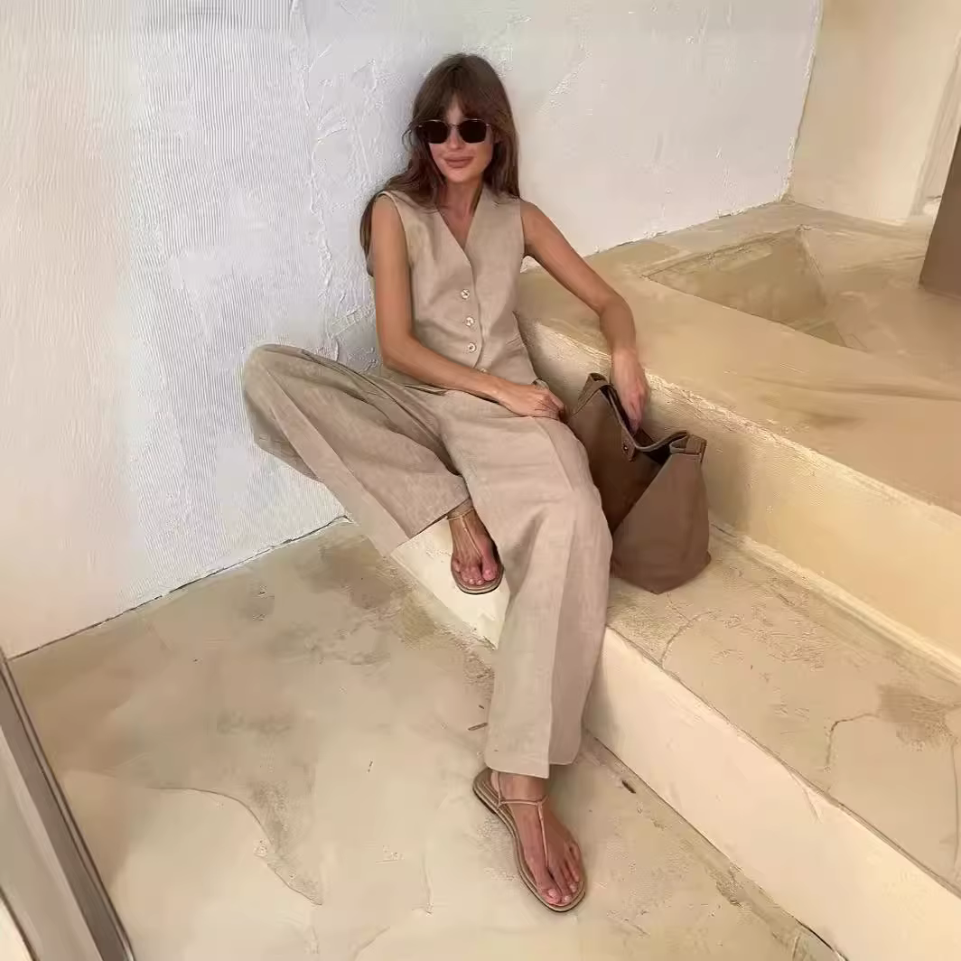 2025 nouvelles femmes lin coton Chic gilet et pantalon costume deux pièces ensemble bureau dames été