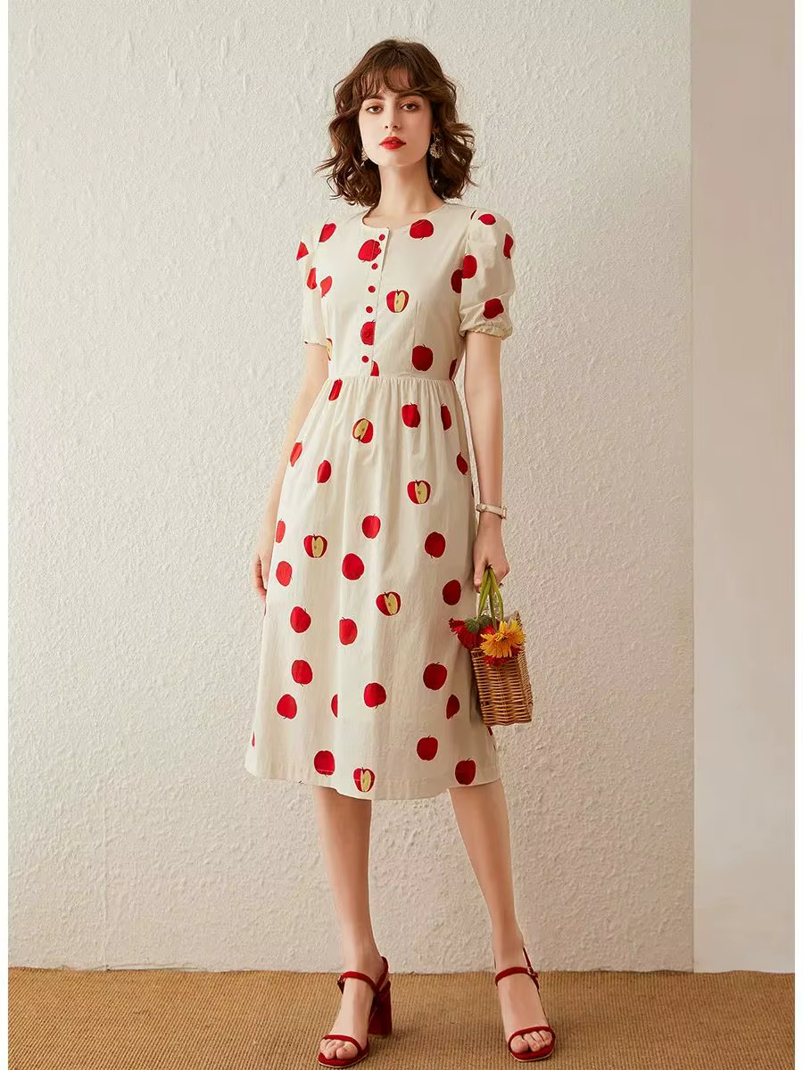 Modiis Yao-Robe longue trapèze pour femme, tenue élégante, imprimée pomme, col rond, manches courtes