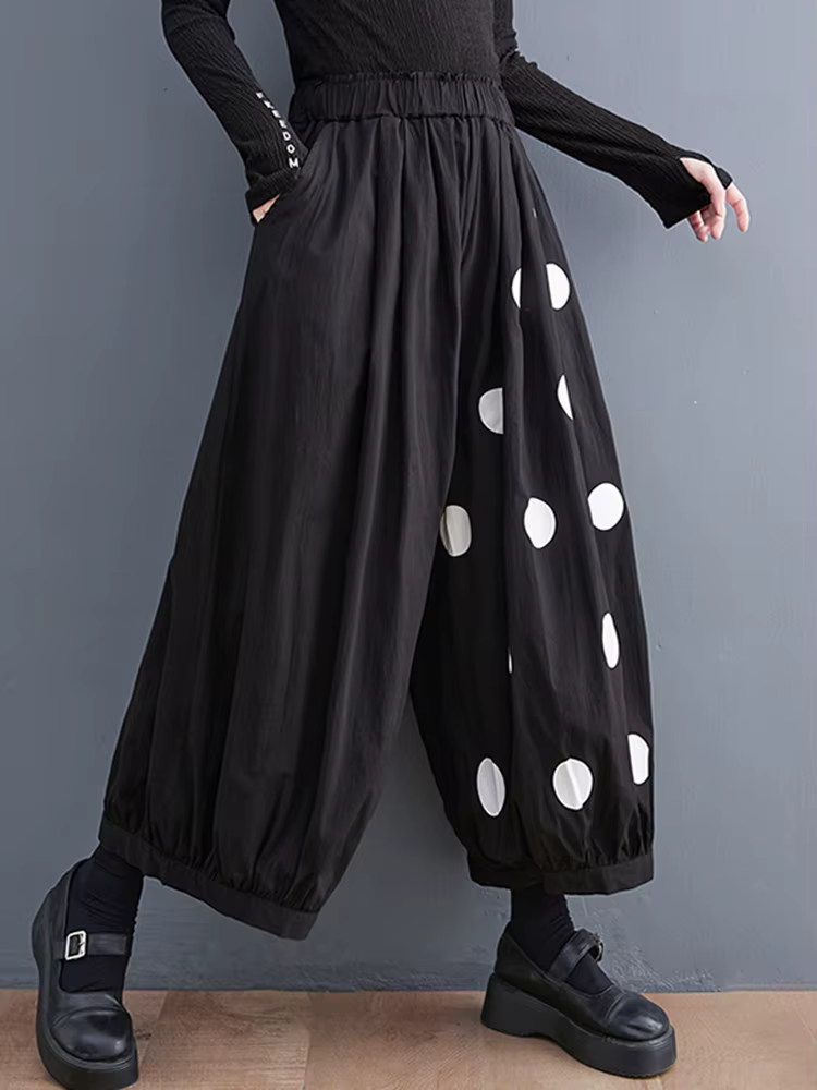Pantalon large noir vintage à pois taille haute élastique pour femme, nouvelle collection printemps 