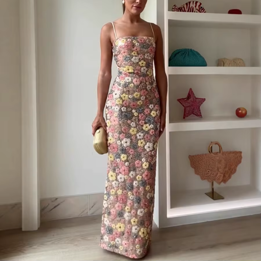 Summ femmes fleurs paillettes Patchwork mince fête longue robe sans bretelles mode Maxi robe, Sexy s