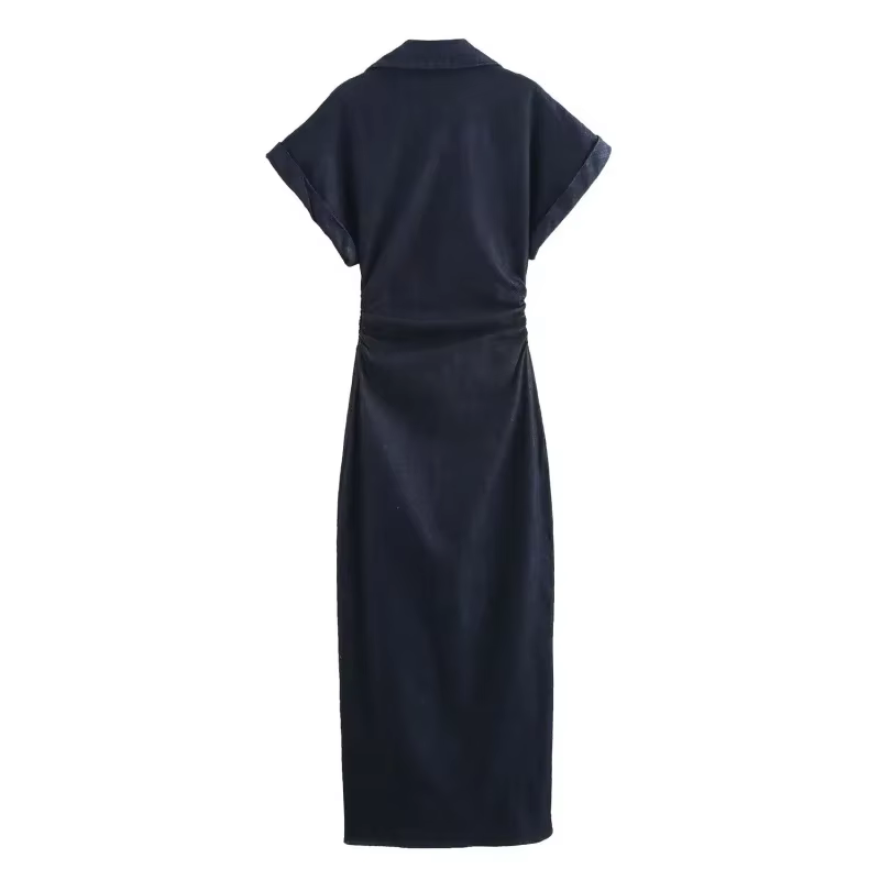 Printemps nouvelle série 1975 denim robe MIDI avec revers côté fermeture éclair mode rides taille mi