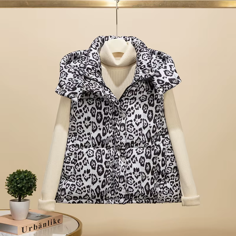Gilet en coton imprimé léopard pour femmes, veste sans manches à capuche, mode américaine, manteau c