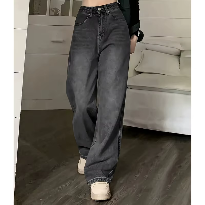 Jean taille haute pour femme, streetwear, designer, jambe large, gris classique, gothique, pantalon 