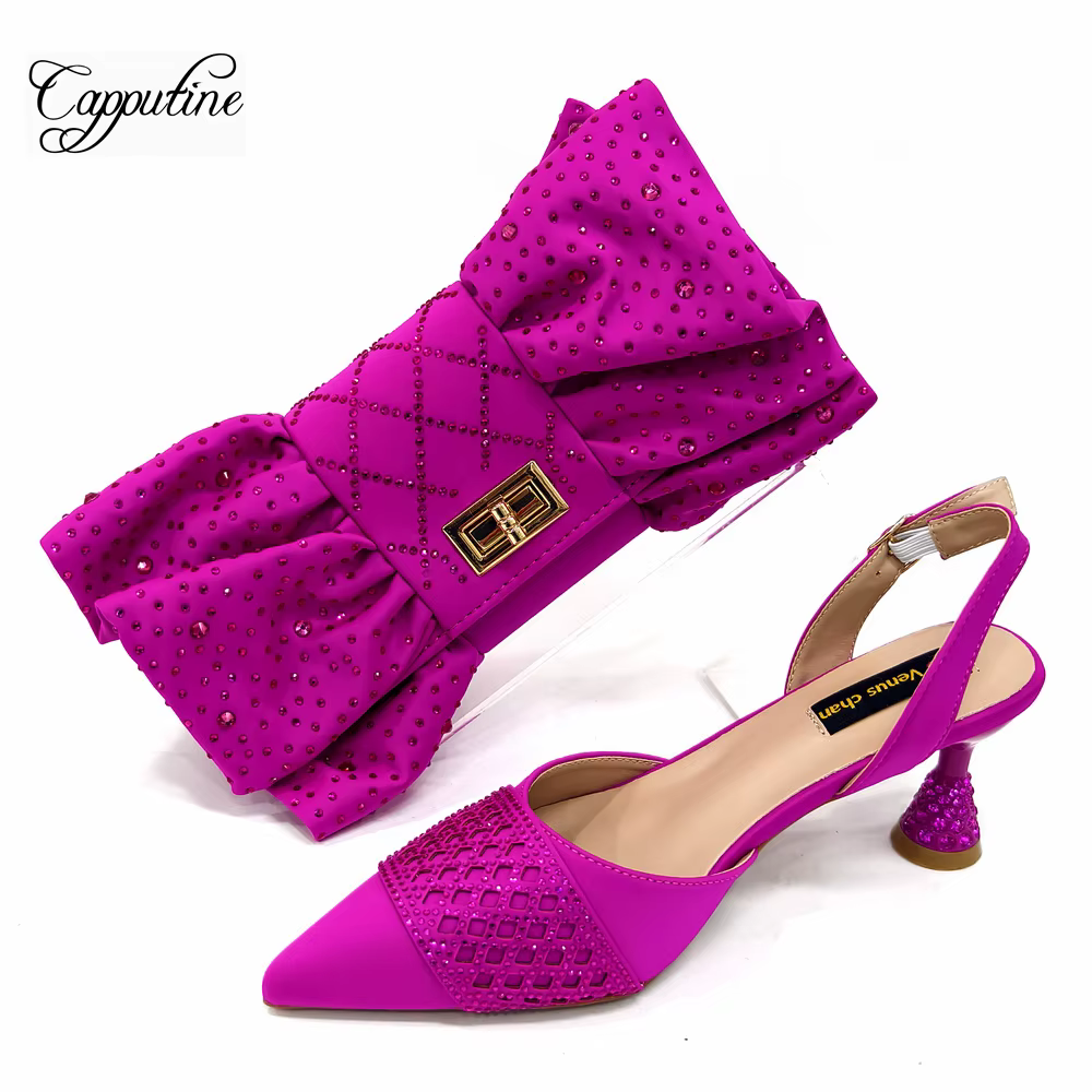Ensemble de chaussures et de sacs Fuchsia pour femmes, escarpins africains assortis avec sac à main,