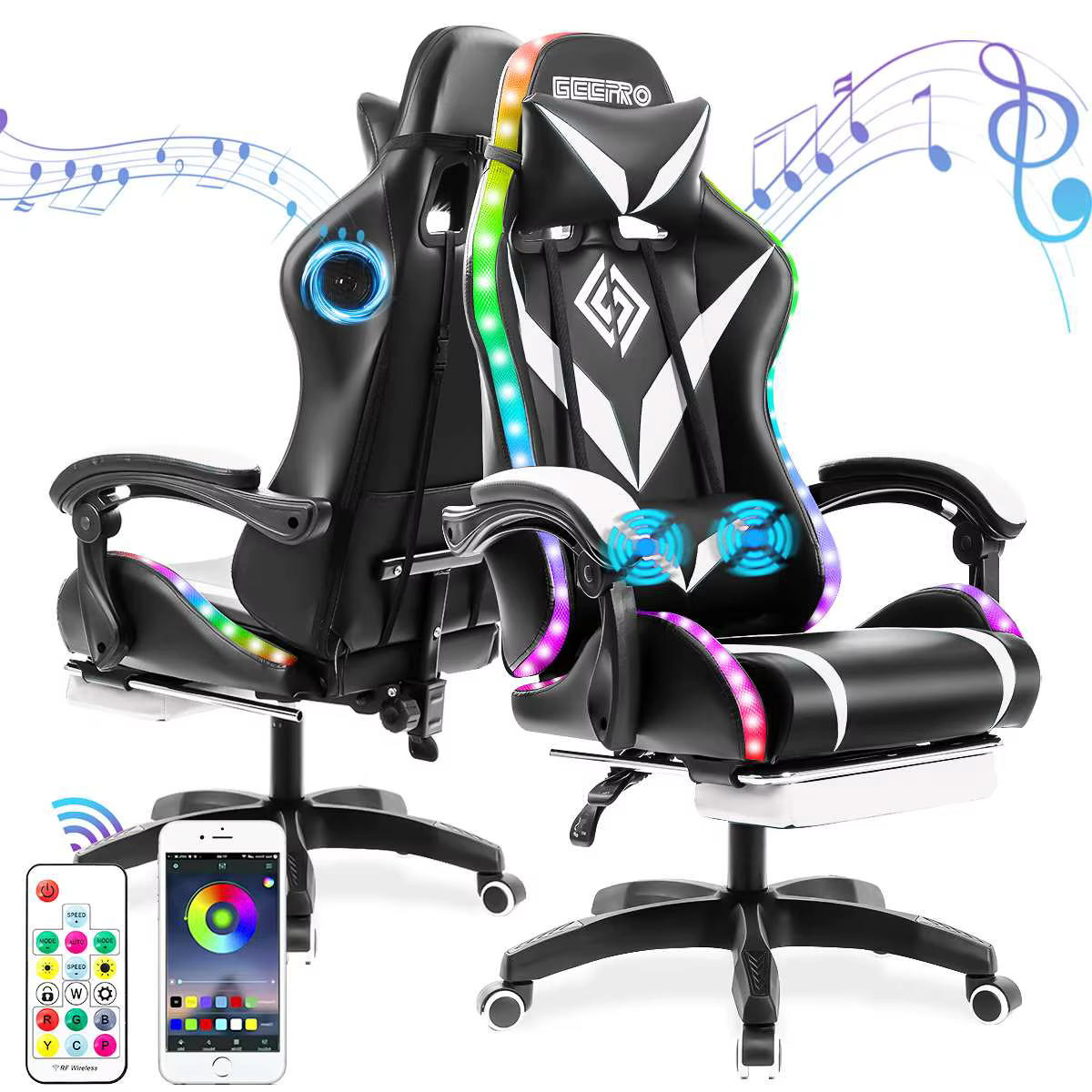 Chaise de jeu à 135 degrés, lumière RGB, chaise de bureau, haut-parleur Bluetooth, chaise d'ordinate