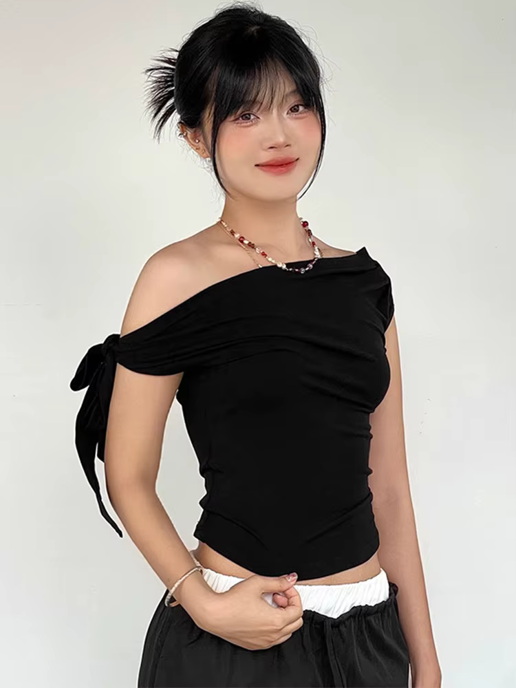 2025 femmes été Ins Style nouveau rétractable plissé une épaule haut court dos nu torsion cravate as