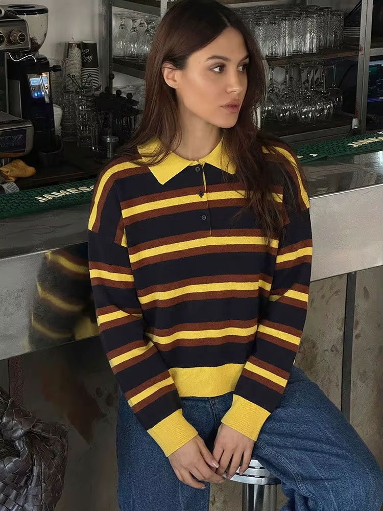 HH femmes tendance décontracté rayé tricoté pull pull revers à manches longues pull chemise printemp