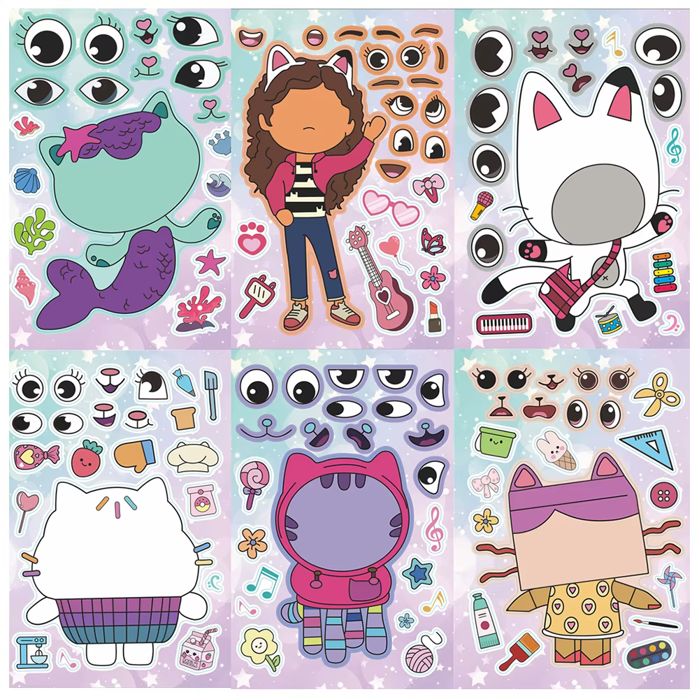 6/12 feuilles Gabby's Dollhouse faire un visage Puzzle autocollants enfants rendre votre propre jeu