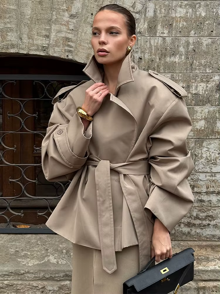 Coupe-vent court à lacets pour femmes, couleur unie, Vintage, revers, manches longues, ceinture, poc