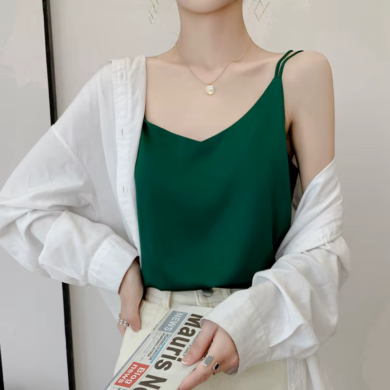 InjCamisole-Bretelles doubles intérieures en satin pour femmes, haut en fibre fine, vêtements d'exté