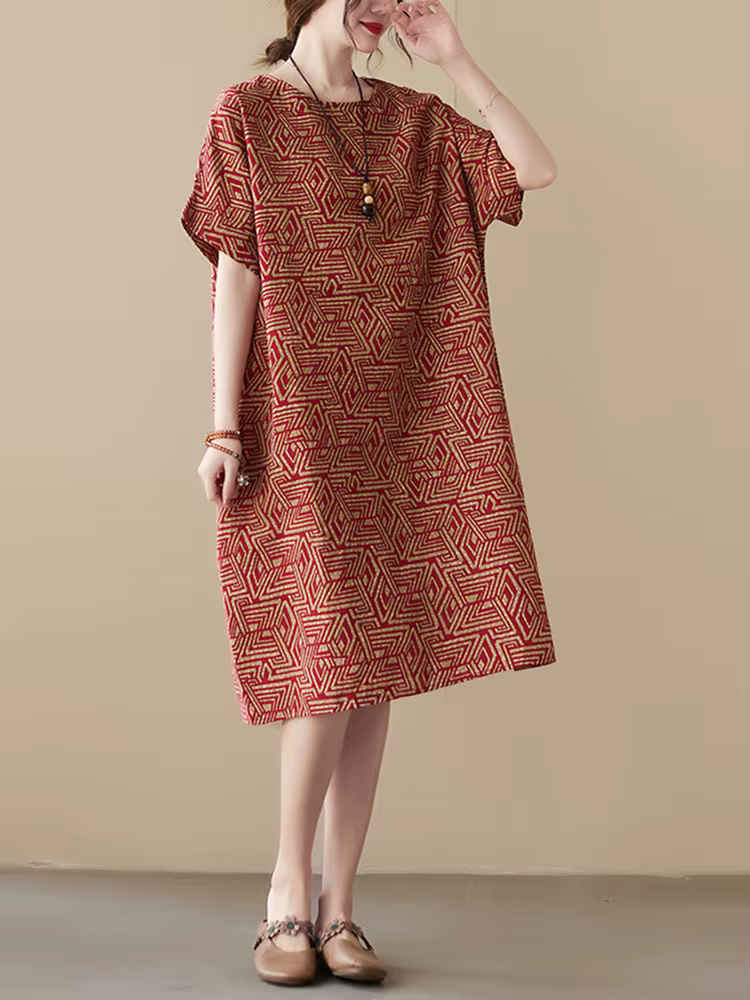 Robes d'été décontractées mi-longues en coton et lin à imprimé vintage pour femmes 2026 – Nouvelle c