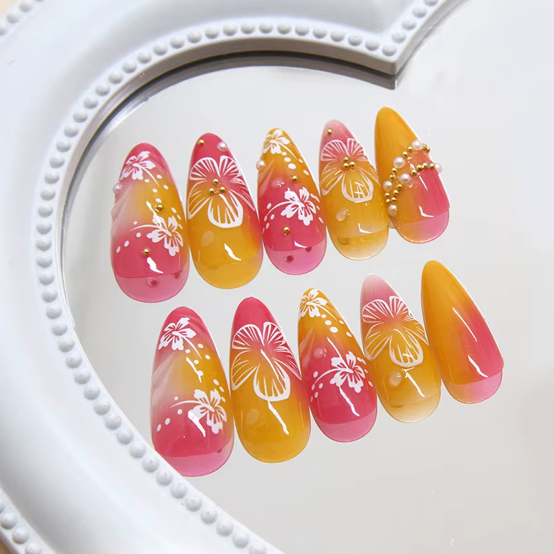 24 pièces fleur blanche faux ongles conseils Ins jaune rose Blush faux ongles portable couverture co
