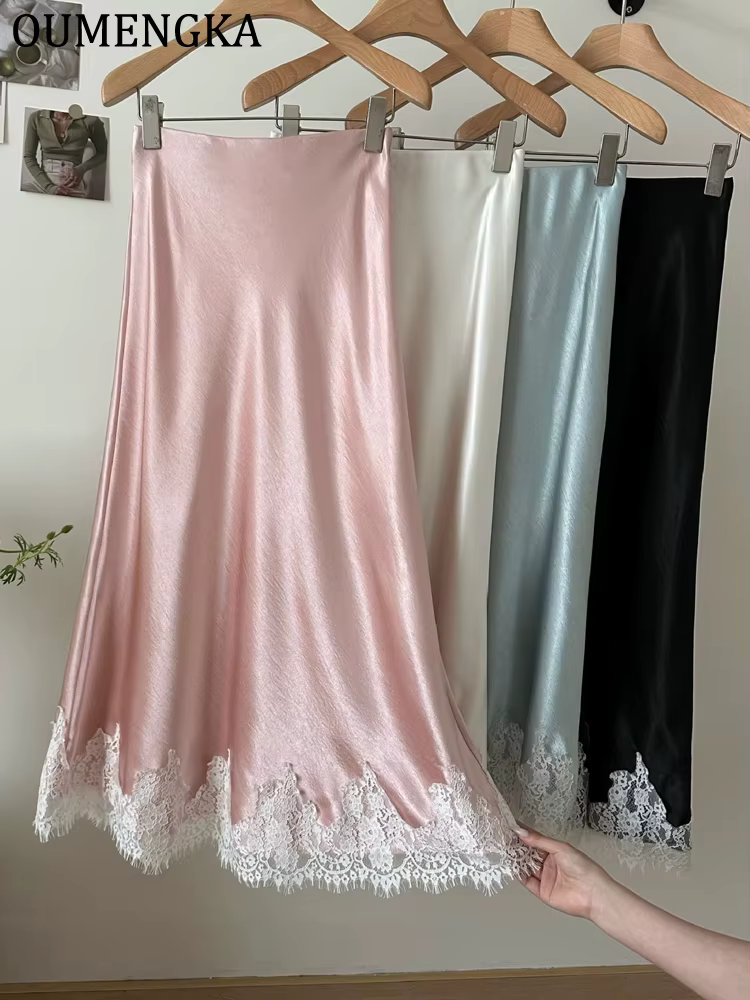 OUMENGKA été français élégant Satin sirène jupe femmes dentelle Patchwork taille élastique longue a-