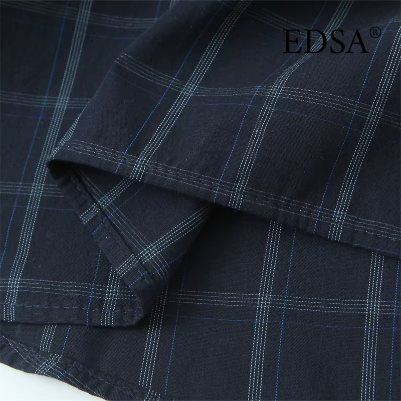 EDSA chemise à carreaux bleu marine pour femmes avec poche carrée pour bureau dame simple boutonnage