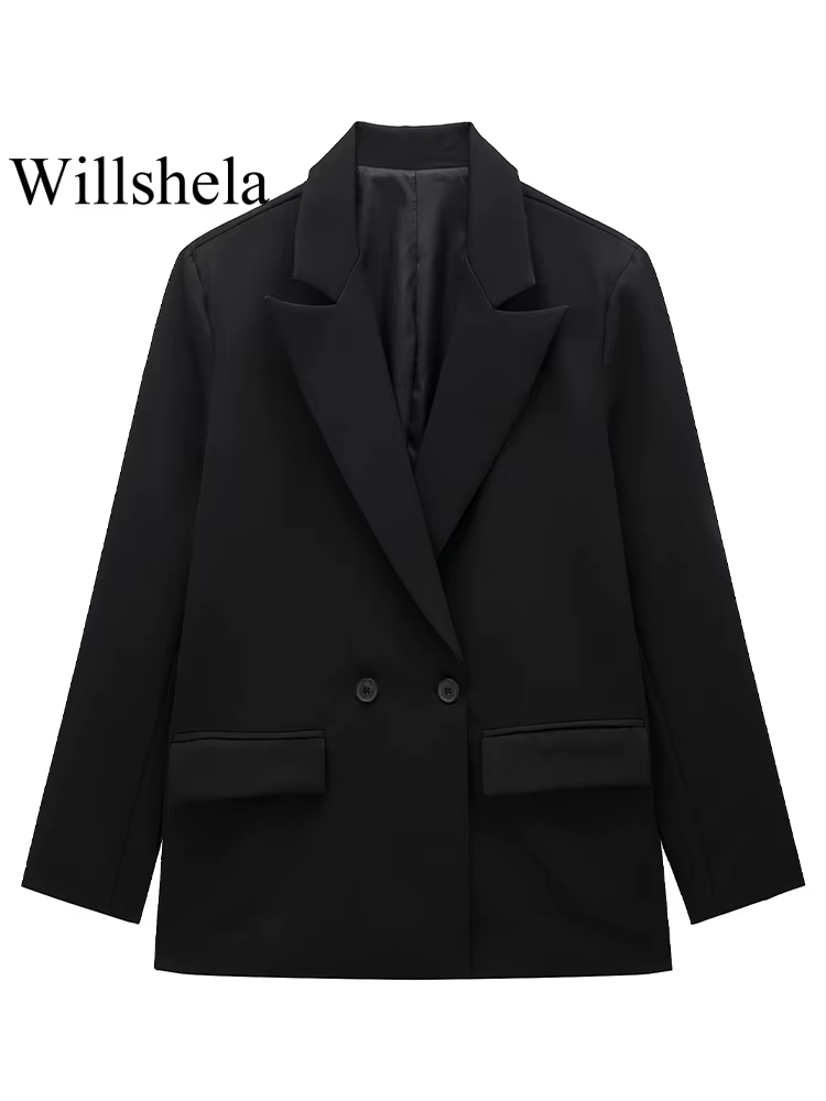 Willshela femmes mode avec poches solide Double boutonnage Blazer Vintage manches longues col cranté