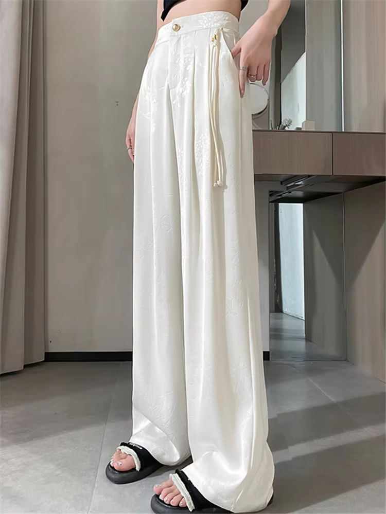 Nouveau Style chinois Jacquard jambe large Satin pantalon pour femmes élégant solide bureau dame déc
