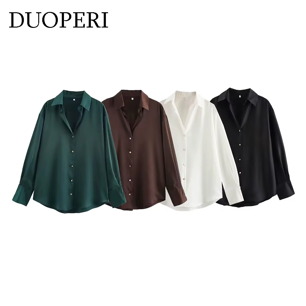 DUOPERI femmes mode Satin marron Blouse revers cou manches longues Vintage femme Chic dame chemises