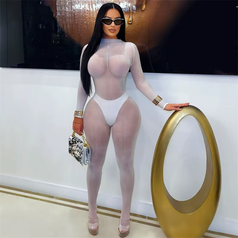 Doyerl maille voir à travers noir combinaison femme Sexy Rave soirée une pièce Club barboteuse fête 