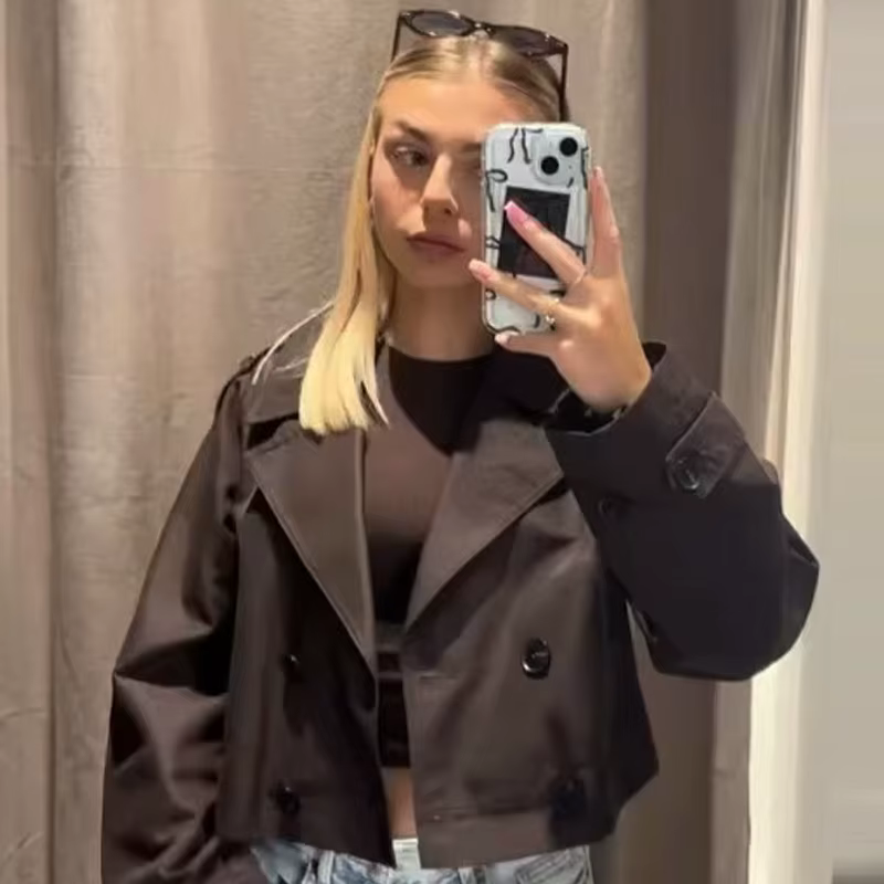 HXAO – Trench-Coat court marron chocolat pour femme, manteaux surdimensionnés à manches longues, ves