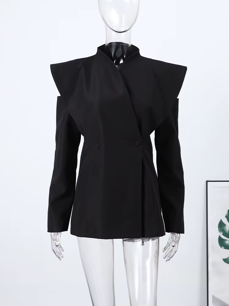 Blazer élégant pour femme, manteau noir, tunique à manches longues, épaules dénudées, col montant, d