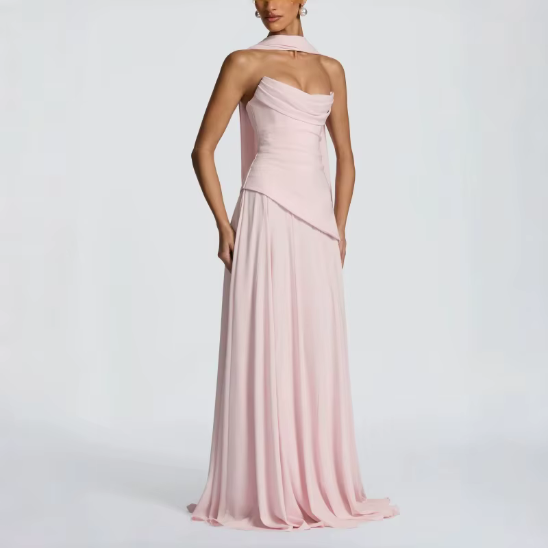 Robe de soirée rose poudré pour femme, col bénitier, dos froncé, à lacets, sans manches, élégante, p